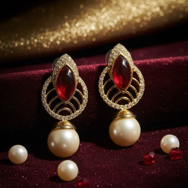 Elegant Ruby & Pearl Drop Earrings – Timeless Luxury in Gold & Diamond Design