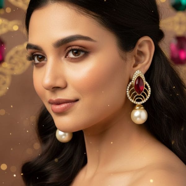 Elegant Ruby & Pearl Drop Earrings – Timeless Luxury in Gold & Diamond Design