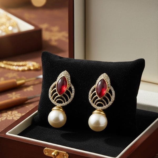 Elegant Ruby & Pearl Drop Earrings – Timeless Luxury in Gold & Diamond Design