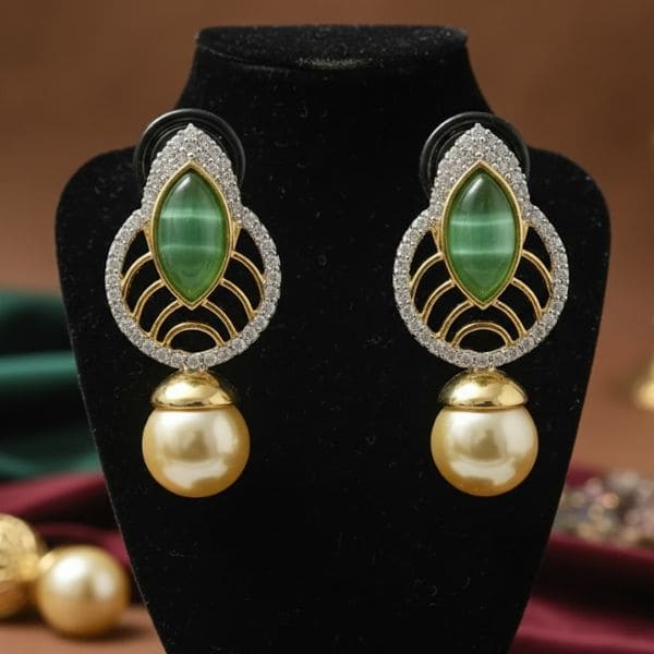 Elegant Ruby & Pearl Drop Earrings – Timeless Luxury in Gold & Diamond Design