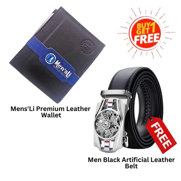 BUY1 GET1 :- Mens'Li Premium Leather Wallet Free Men Casual, Formal Black Belt