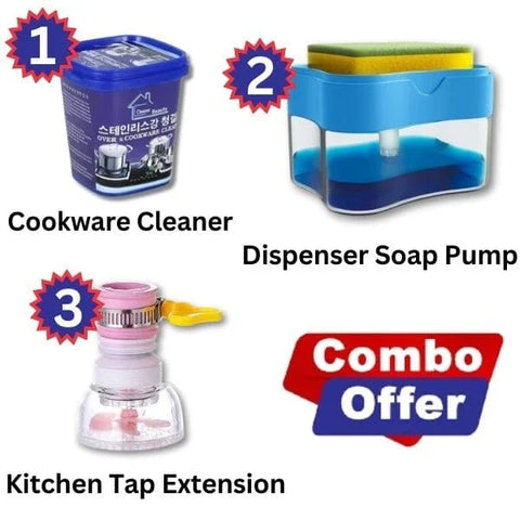 Combo :: Cookware Cleaner + Dispenser Soap Pump + Kitchen Tap Extension(Free 3 in 1 Cleaning Brush)