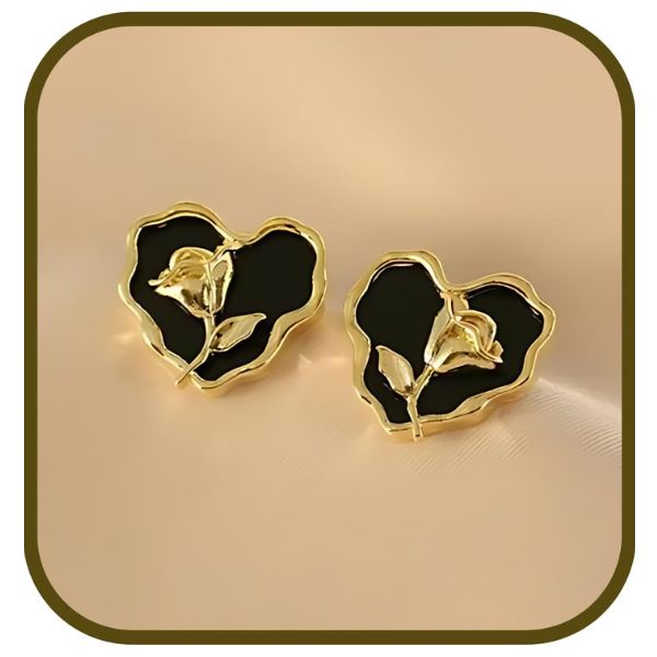 Golden Rose Black Heart Korean Earrings