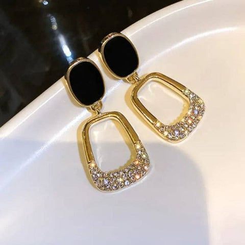 Stylish Korean Rhinestone Drop Earrings for Women, Gold Tone