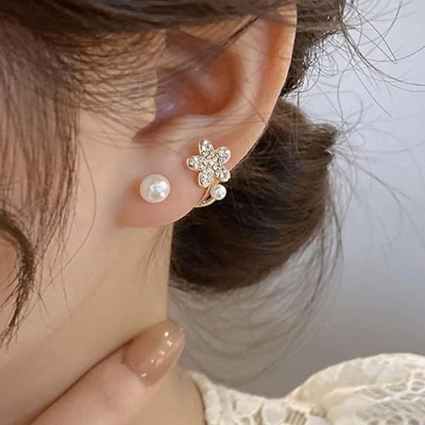 Crymystal Flower Pearl Jacket Earrings for Women