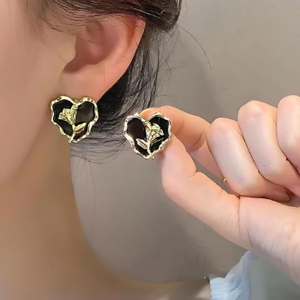 Golden Rose Black Heart Korean Earrings