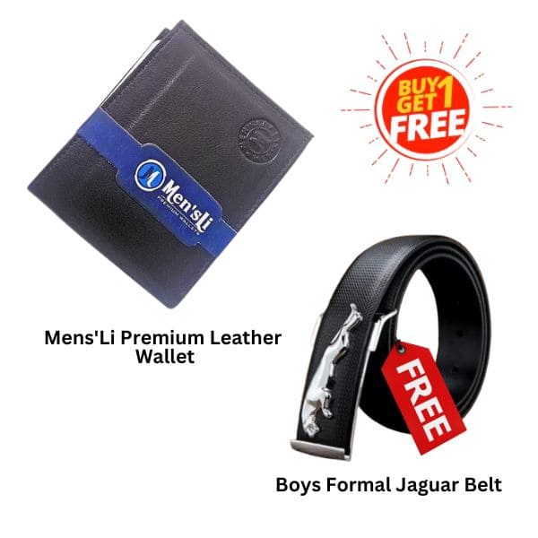 BUY1 GET1 :- Mens'Li Premium Leather Wallet Free Men Jaguar Formal  belt