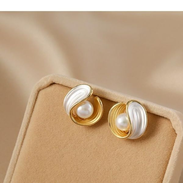 Pinapes Needle French Drop Oil Geometric Pearl French Trendy Stud Ins Elegant Irregular Ear Earrings