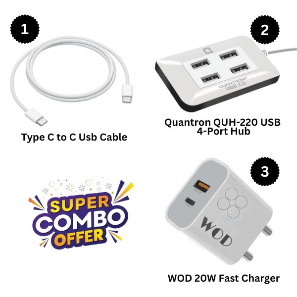 Combo :- Quantron QUH-220 USB 4-Port Hub + WOD 20W Fast Charger + Type C to C Usb Cable