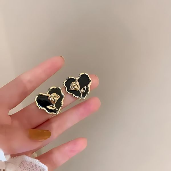 Golden Rose Black Heart Korean Earrings