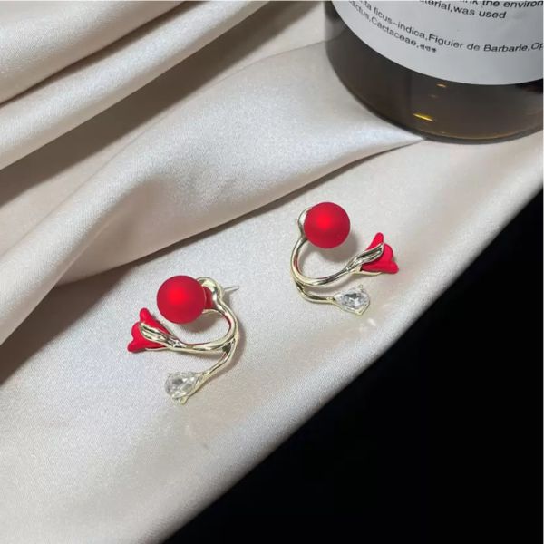 Korean Gold Plated Red Earrings For Women & Girls Alloy Huggie Earring Pearl Alloy Stud Earring