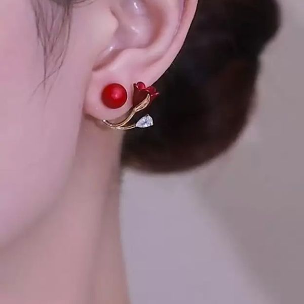 Korean Gold Plated Red Earrings For Women & Girls Alloy Huggie Earring Pearl Alloy Stud Earring