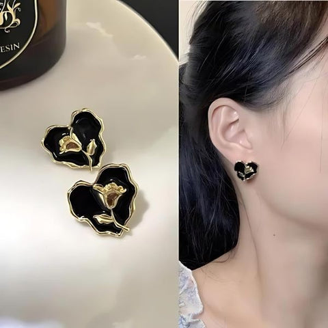 Golden Rose Black Heart Korean Earrings