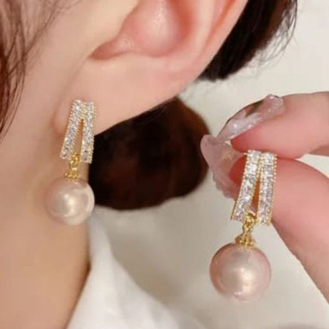 Korean Style Diamond Crown Drop Pearl Décor Earrings