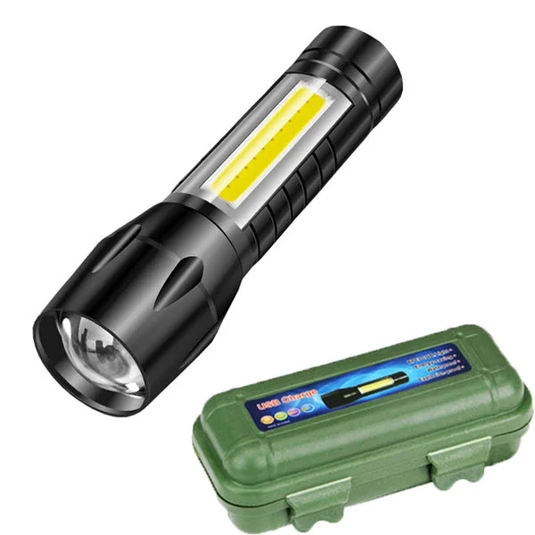 Care 4 Zoomable Handheld XPE+COB Mini USB Re Charge Enabled LED Flashlight Torch (Black) with Side COB Light for Emergency Light