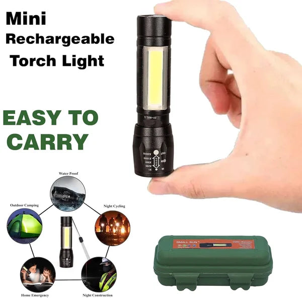 Care 4 Zoomable Handheld XPE+COB Mini USB Re Charge Enabled LED Flashlight Torch (Black) with Side COB Light for Emergency Light