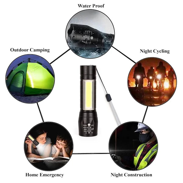 Care 4 Zoomable Handheld XPE+COB Mini USB Re Charge Enabled LED Flashlight Torch (Black) with Side COB Light for Emergency Light