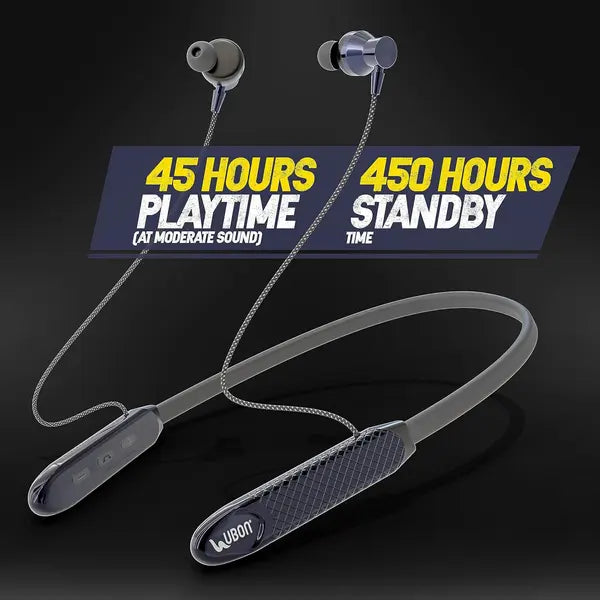 UBON CL-410 in-Ear Wireless Neckband | Playtime 45 Hours,| 450 Hour Standby Time, Quick Charge | Magnetic Earbuds | Tangle Free Brided Cable, Bluetooth Headset with Mic for Phone Calls Music