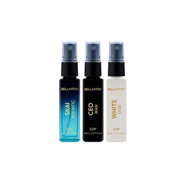 Bella Vita SKAI AQUATIC, CEO MAN, WHITE OUD, Luxury Pocket Aerosol Perfumes ( Pack Of 3 )