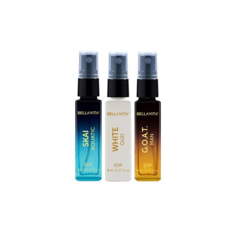 Bella Vita SKAI AQUATIC, WHITE OUD, G.O.A.T MAN, Luxury Pocket Aerosol Perfumes ( Pack Of 3 )