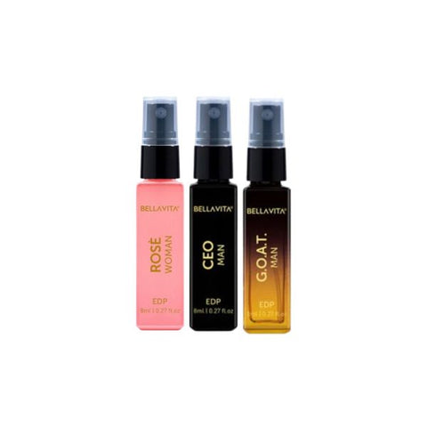 Bella Vita ROSE WOMAN, CEO MAN, G.O.A.T MAN, Luxury Pocket Aerosol Perfumes ( Pack Of 3 )