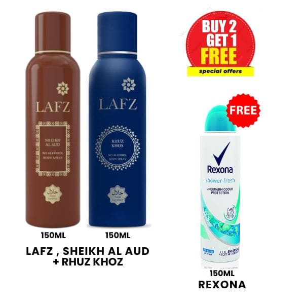 BUY2 GET1 :- Lafz, Sheikh Al Aud + Rhuz khos Free Rexona Body Spray