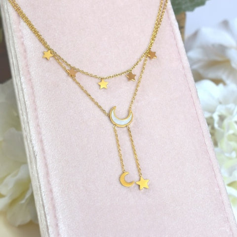 Stars and Moon Layered Multiple Strands, Gold Necklace