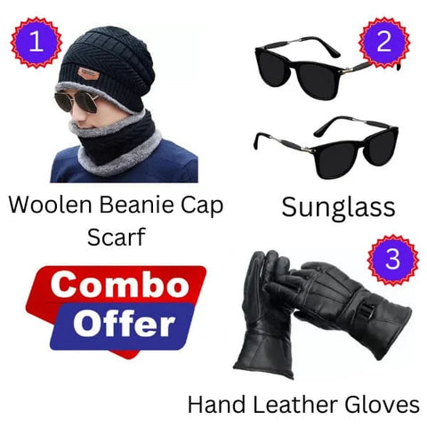 Combo :: Winter Leather Hand Gloves + Fashionable Sunglass + Winter Woolen Cap Scarf Set ( Free Reebok Socks )