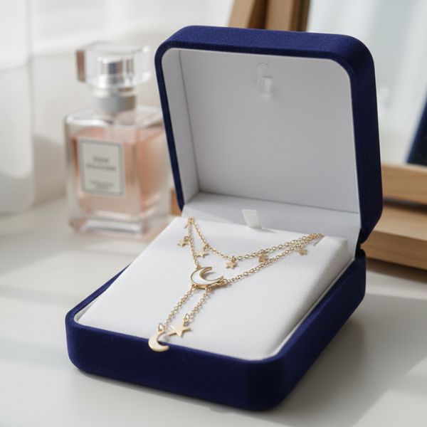 Celestial Layered Golden Necklace – Moon & Star Pendant Statement Jewellery