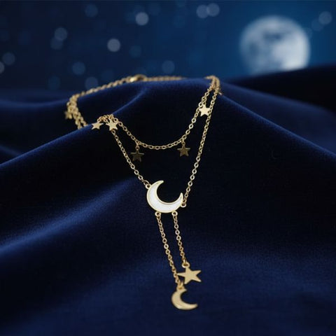 Celestial Layered Golden Necklace – Moon & Star Pendant Statement Jewellery