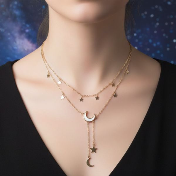Celestial Layered Golden Necklace – Moon & Star Pendant Statement Jewellery
