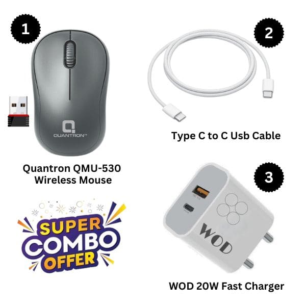 Combo :- Quantron QMU-530 Wireless Mouse + WOD 20W Fast Charger + Type C to C Usb Cable