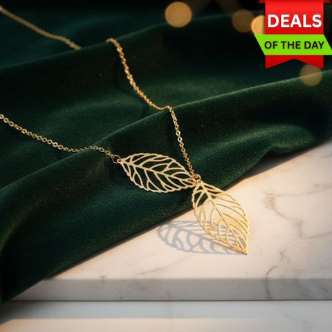 Double Leaf Pendant Golden Necklace – Nature Inspired Statement Jewellery