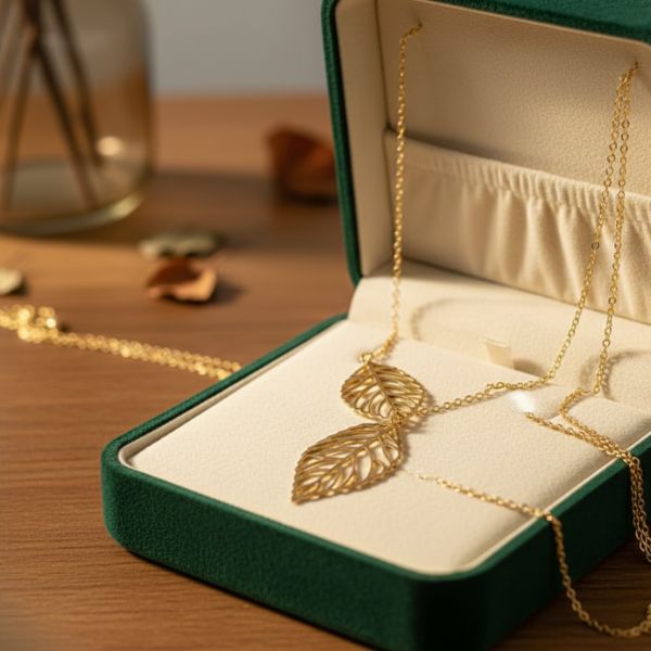 Double Leaf Pendant Golden Necklace – Nature Inspired Statement Jewelry