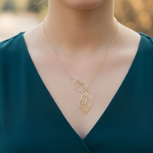Double Leaf Pendant Golden Necklace – Nature Inspired Statement Jewelry