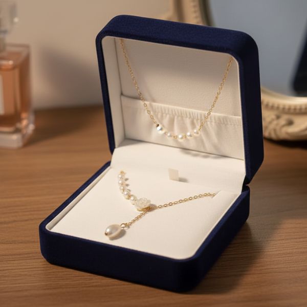 Elegant Pearl & Flower Pendant Necklace - Unique Asymmetric Chain