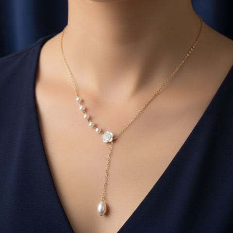 Elegant Pearl & Flower Pendant Necklace - Unique Asymmetric Chain