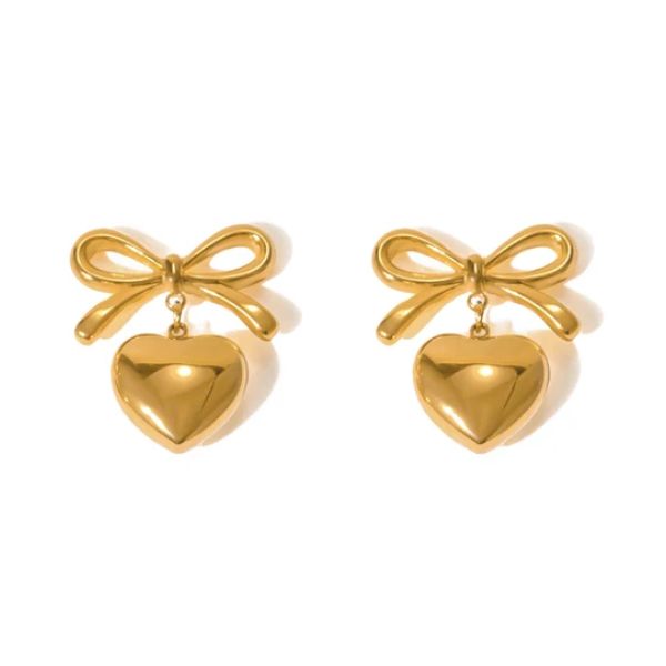 Gold Heart Dangle Ribbon Bow Stud Earrings