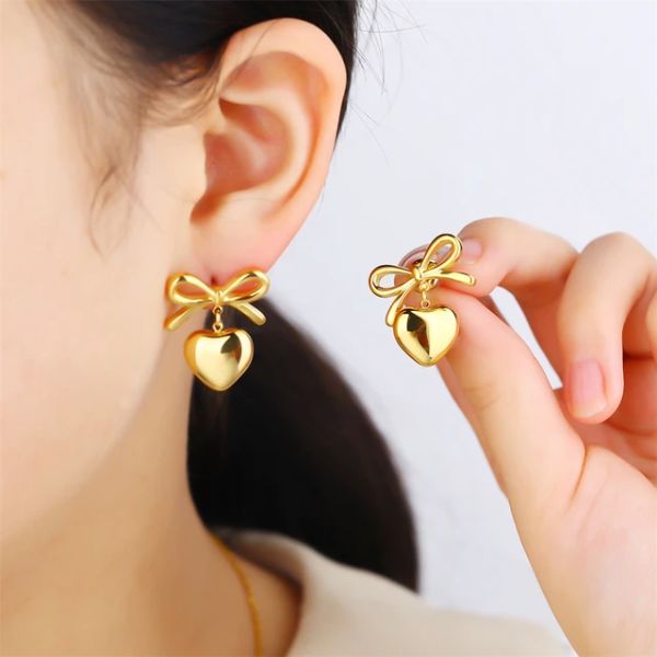 Gold Heart Dangle Ribbon Bow Stud Earrings