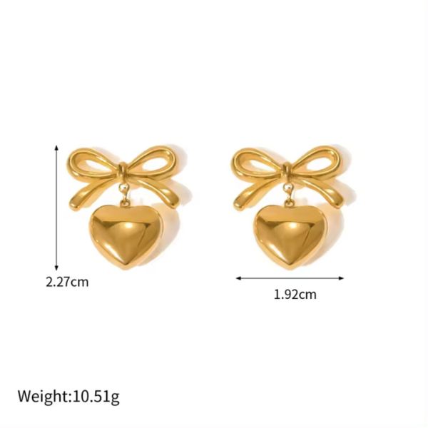 Gold Heart Dangle Ribbon Bow Stud Earrings