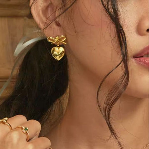 Gold Heart Dangle Ribbon Bow Stud Earrings