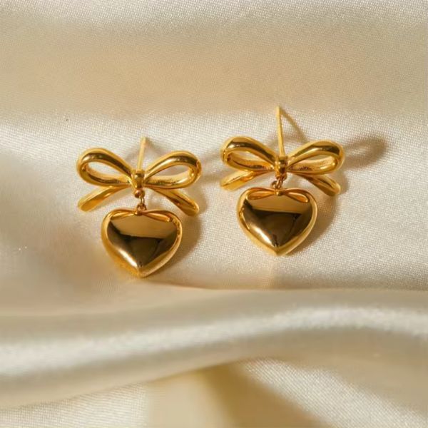 Gold Heart Dangle Ribbon Bow Stud Earrings