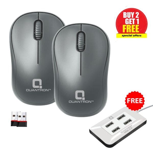 BUY2 GET1 :- Quantron QMU-530 Wireless Mouse  Free ( QUH-220 USB 4-Port Hub )| 10M Range, Auto Sleep & Ergonomic Design