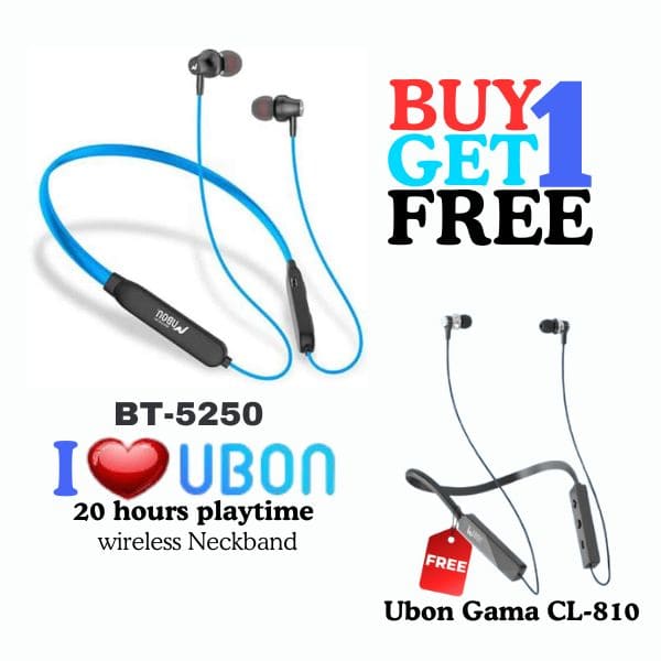 BUY1 GET1 :- Ubon Wireless 5.0 Neckband Earphone BT-5250, 20 Hours Backup Bluetooth Free Ubon Gama CL-810 Neckband