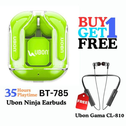 BUY1 GET1 :- UBON BT-785 Ninja Series TWS-Superior Performance with 32-Hour Playtime, HD Sound & Touch Controls Free Ubon Gama CL-810 Neck Band