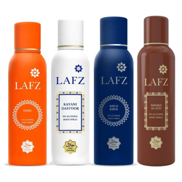 Lafz ( kayani dastoor + Nobil + Rhuz khos + Sheikh ) No Alcohol Deodorant Body Spray For Men, 150 ml ( Pack Of 4 )