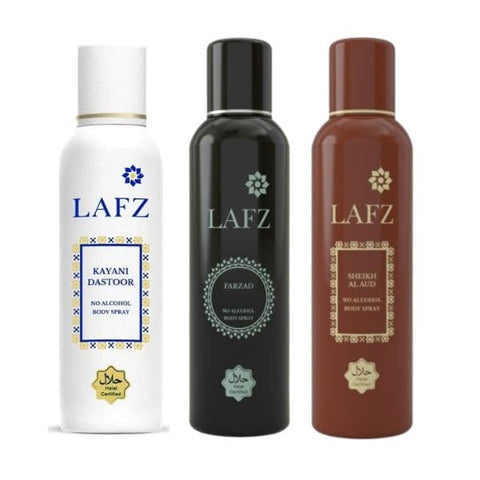 Lafz ( kayani dastoor + Sheikh + Farzad ) No Alcohol Deodorant Body Spray For Men, 150 ml ( Pack Of 3 )