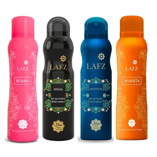 Lafz ( Bushra + Feyza + Devotion + Anahita ) No Alcohol Deodorant Body Spray For Women 150 ml ( Pack Of 4 )