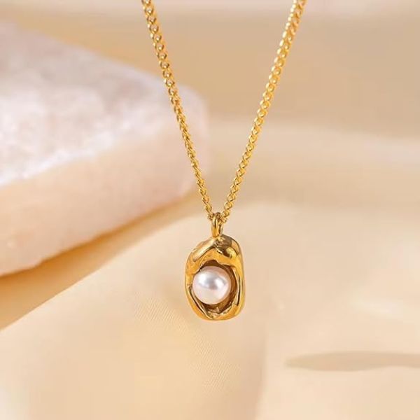 Gold Chain & White Pearl In Nest Necklace