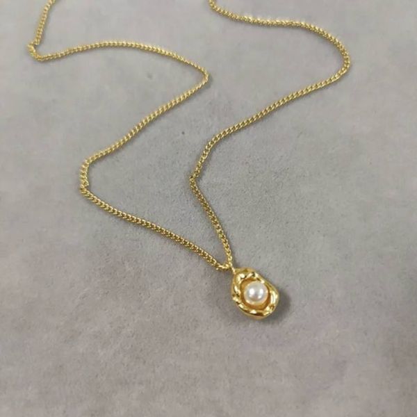 Gold Chain & White Pearl In Nest Necklace